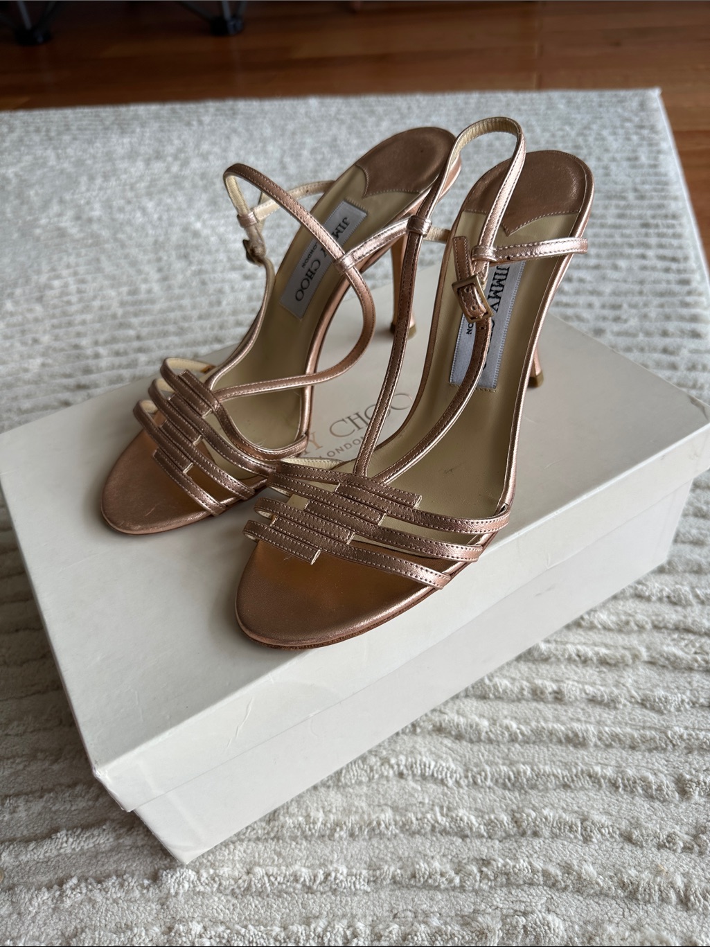 Jimmy Choo Rose Gold Strappy Stiletto Sandals